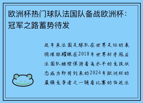 欧洲杯热门球队法国队备战欧洲杯：冠军之路蓄势待发