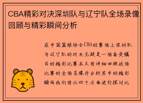 CBA精彩对决深圳队与辽宁队全场录像回顾与精彩瞬间分析